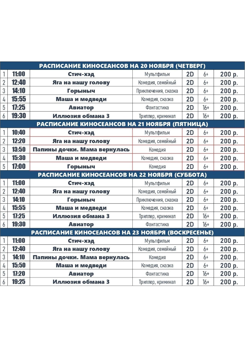Расписание киносеансов